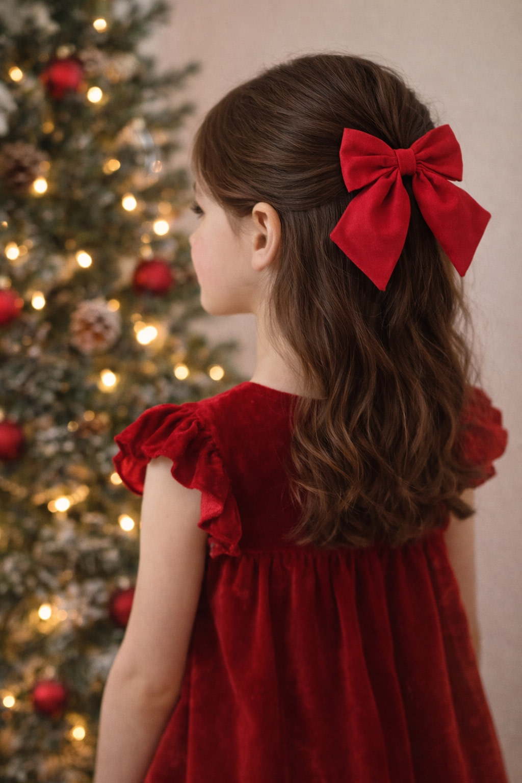 Home Girl wearing red velvet hair bow for Christmas