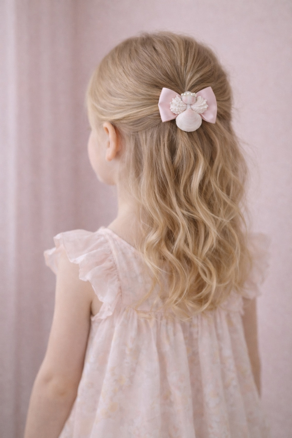 Home Girl wearing delicate shell-inspired hair accessories