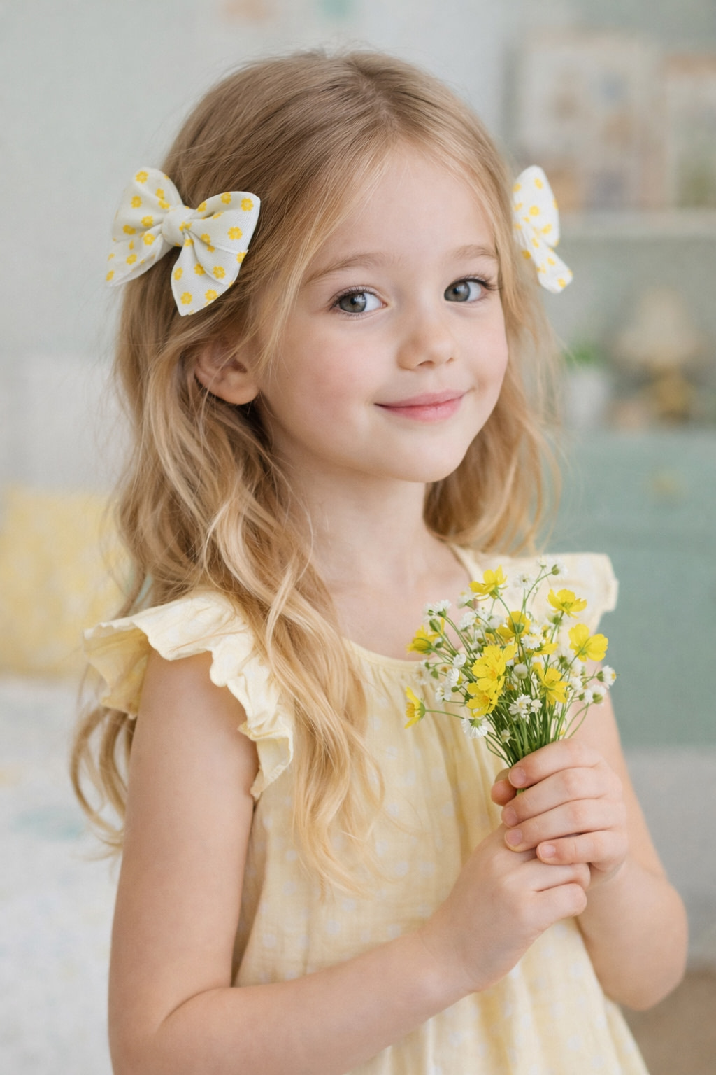 Home Girl wearing floral hair bows for spring and summer