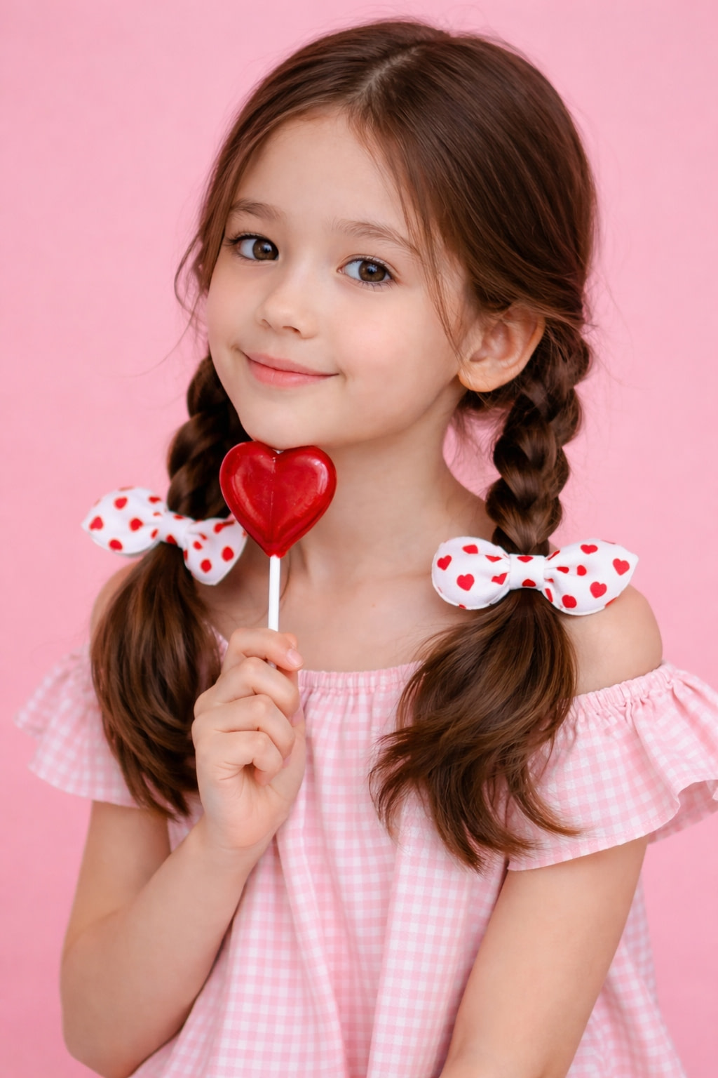 Home Girl wearing red and white heart hair bows