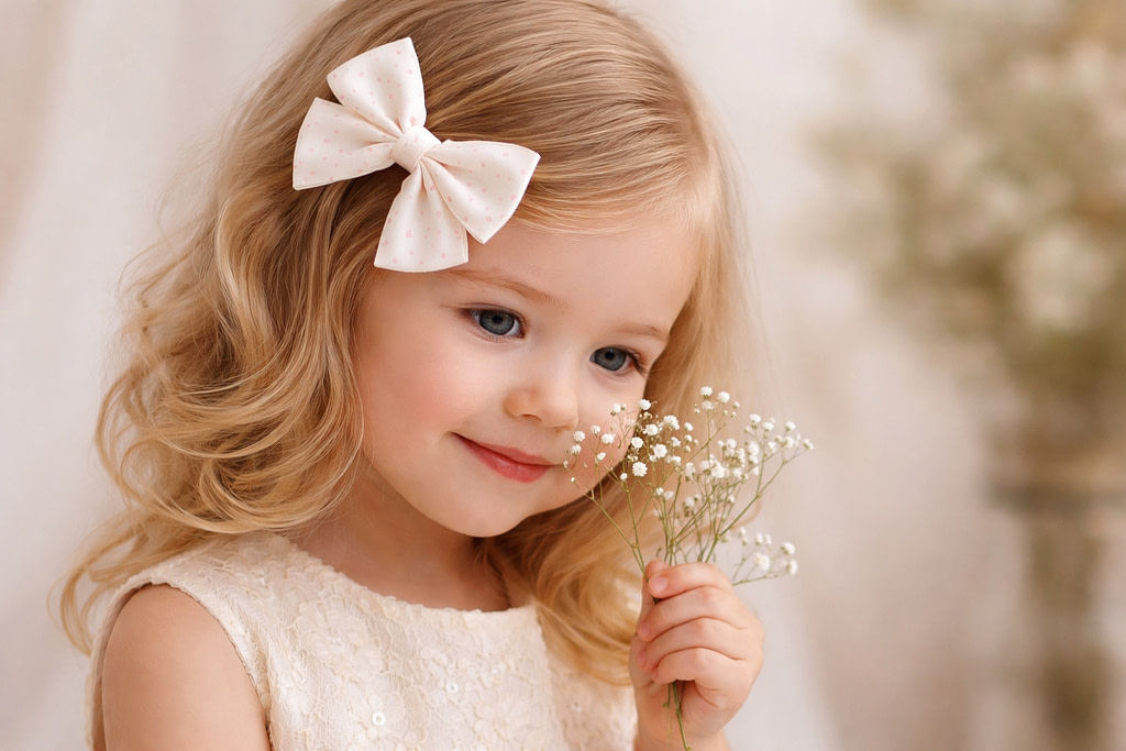 Soft white hair bow for girls – Meow Bowtique Little girl wearing a soft white hair bow