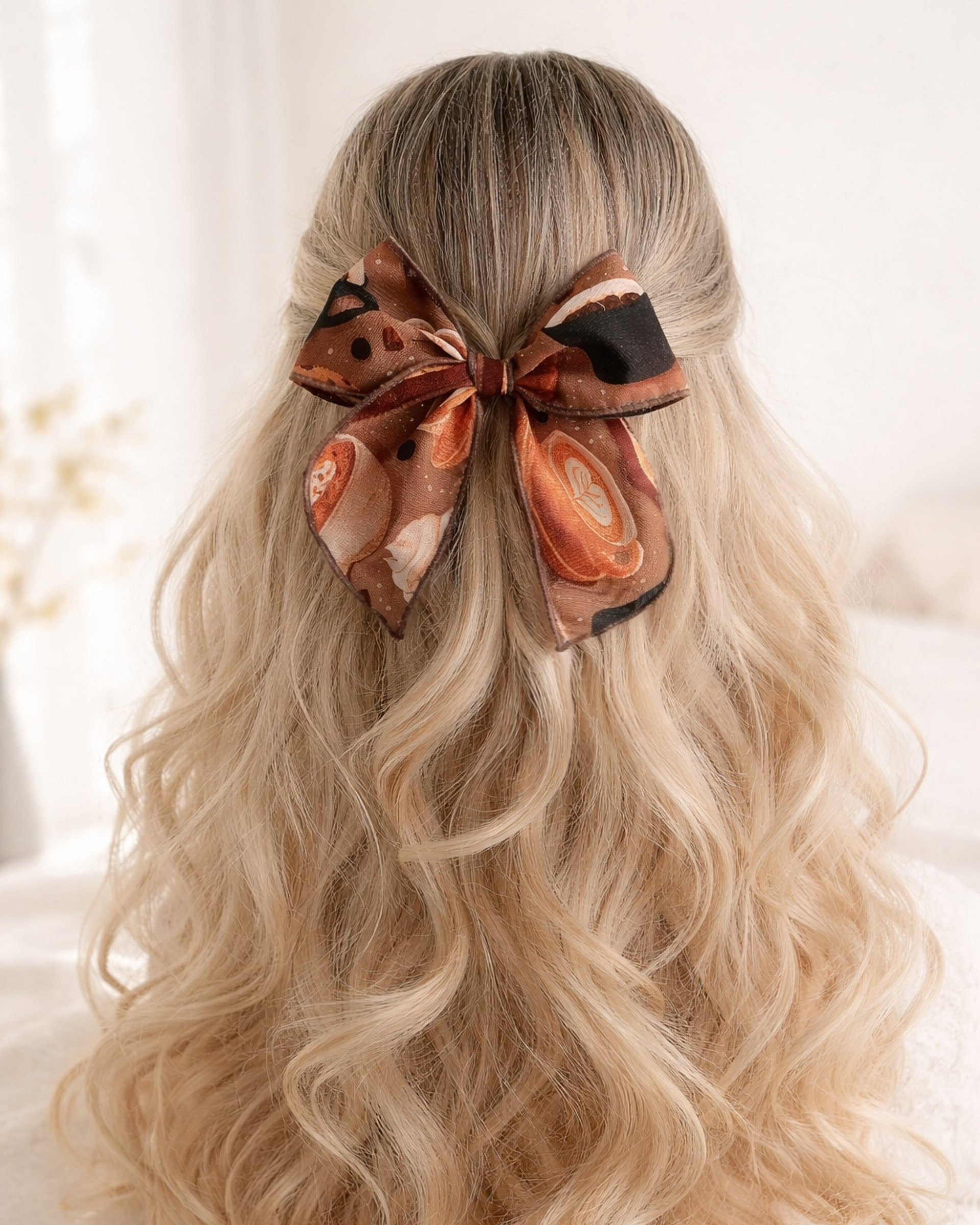 coffee bow on wig 2 Brown patterned hair bow with soft tails on blonde hair