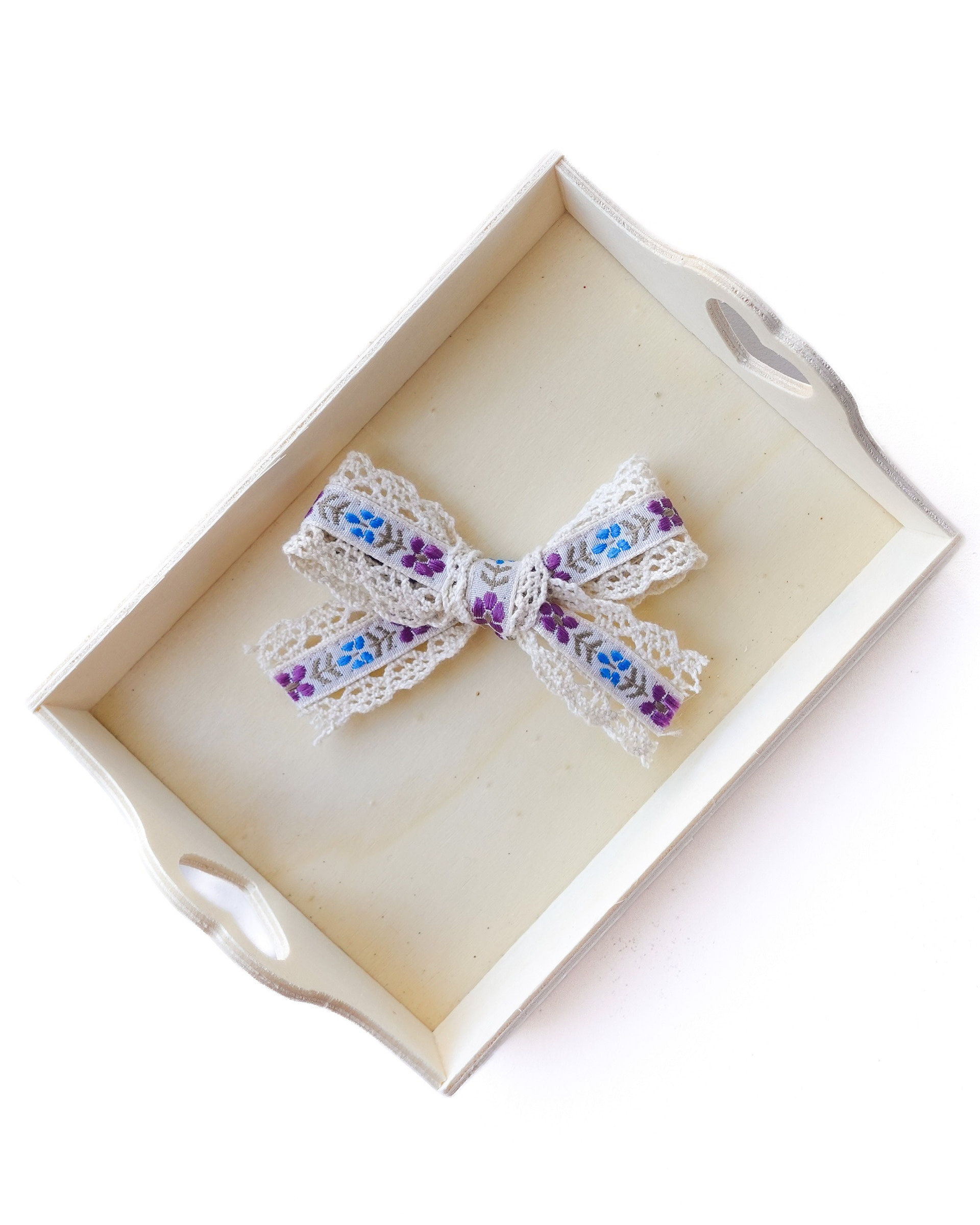 meow bowtique lace bow blue flowers Handmade lace hair bow with purple and blue floral ribbon