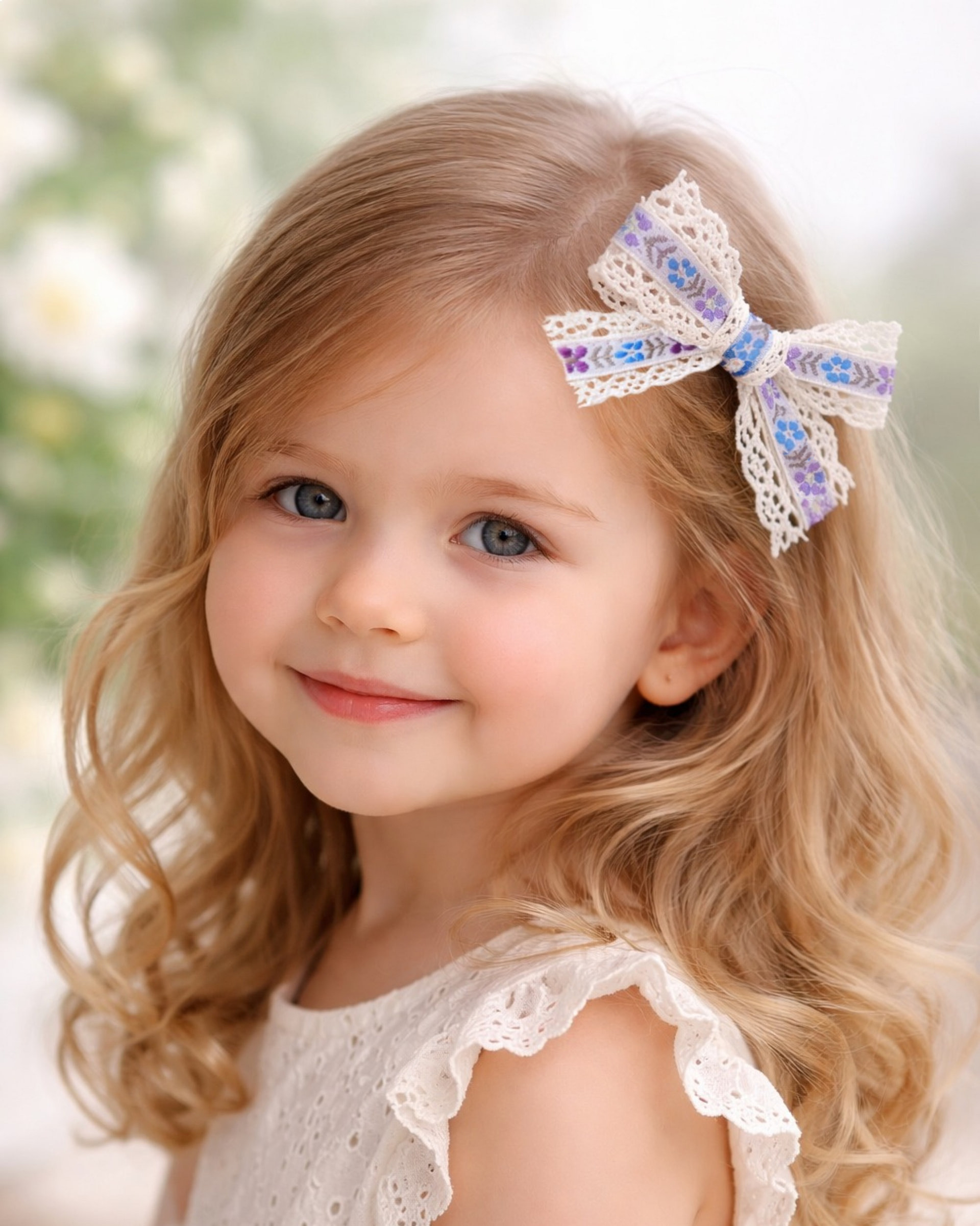 meow bowtique lace bow floral blue Girl wearing a handmade lace hair bow with blue and purple floral ribbon