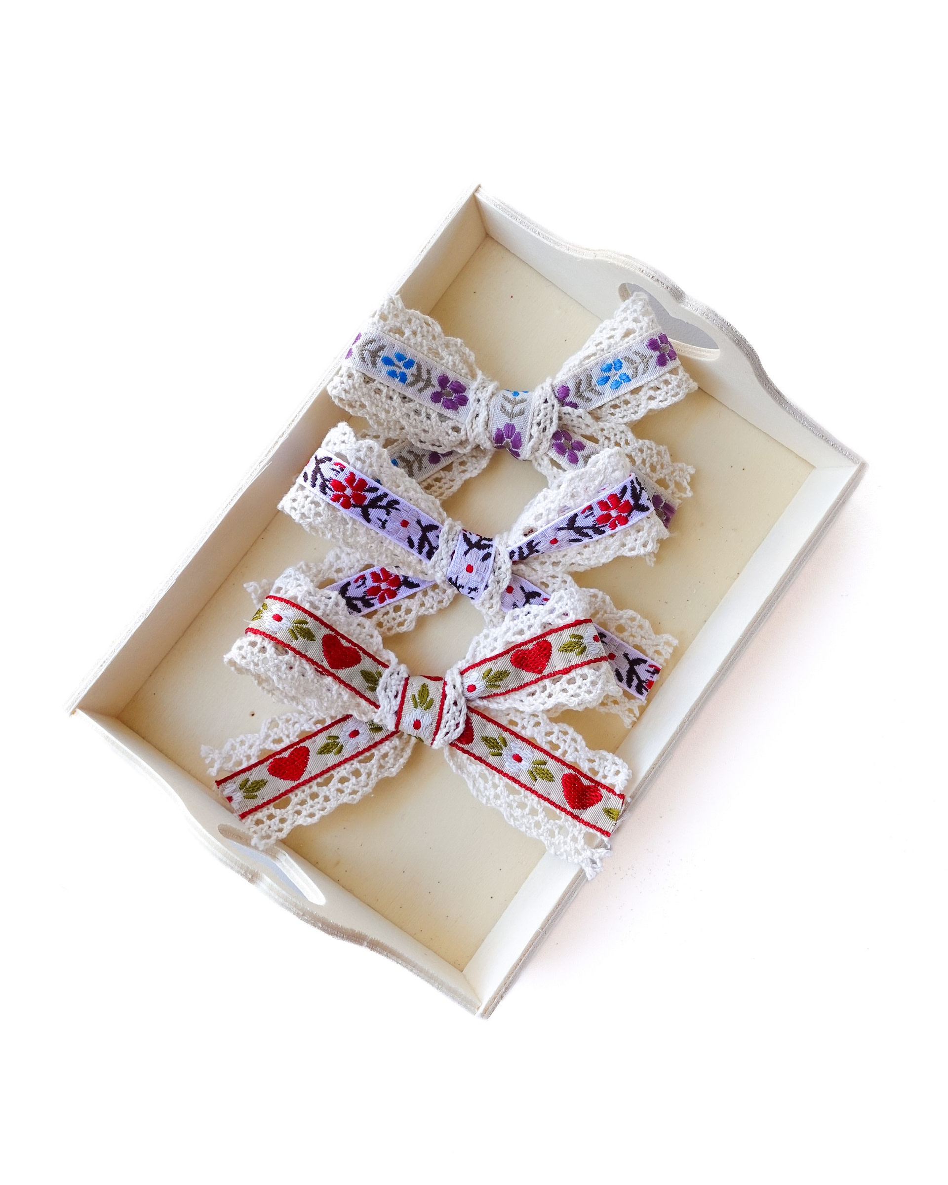 meow bowtique lace bows Handmade lace hair bow set in a wooden box, floral ribbon bows for girls