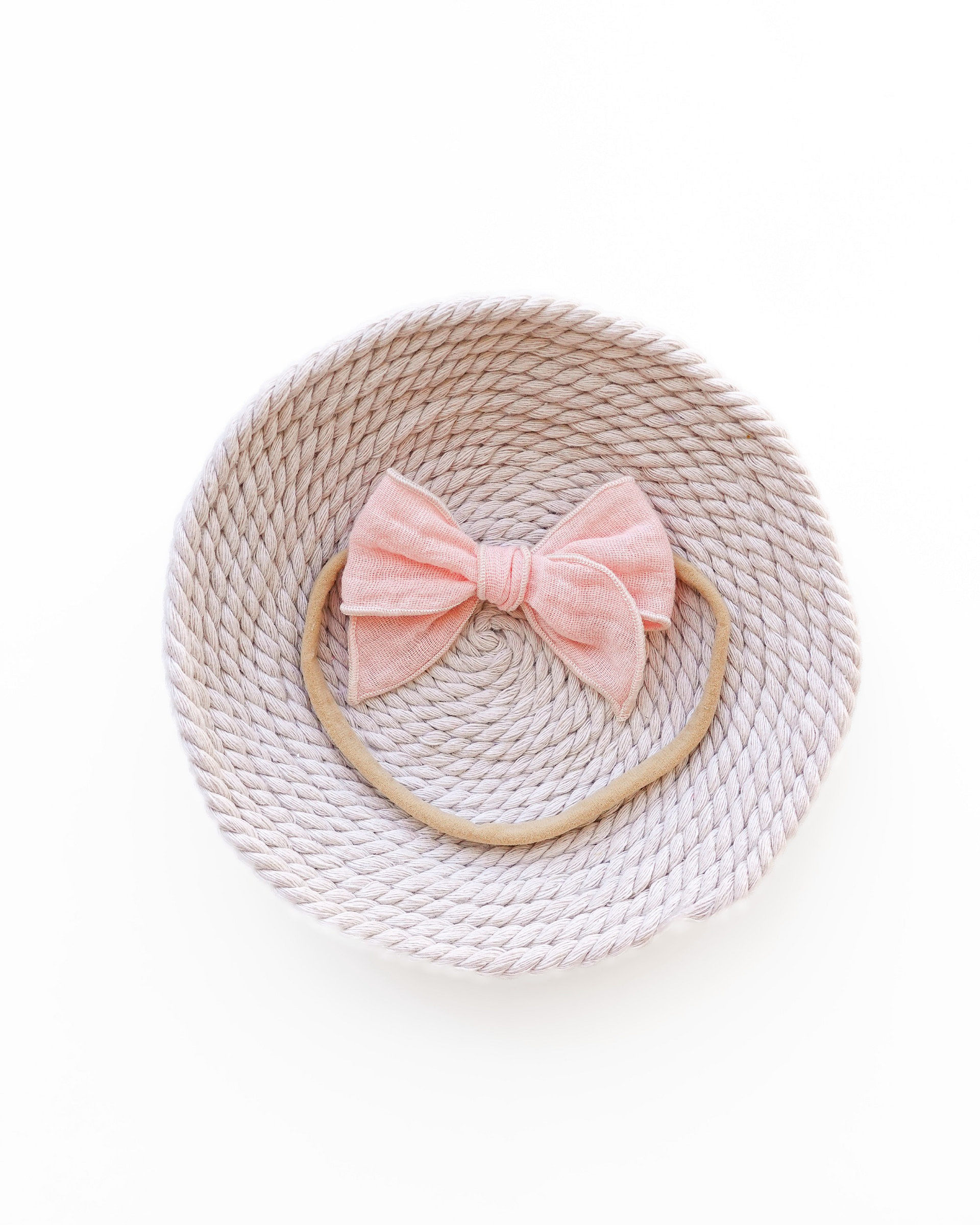 meow bowtique natural pink bow headband mini Blush pink linen bow headband for baby girl on soft nylon band, minimalist style