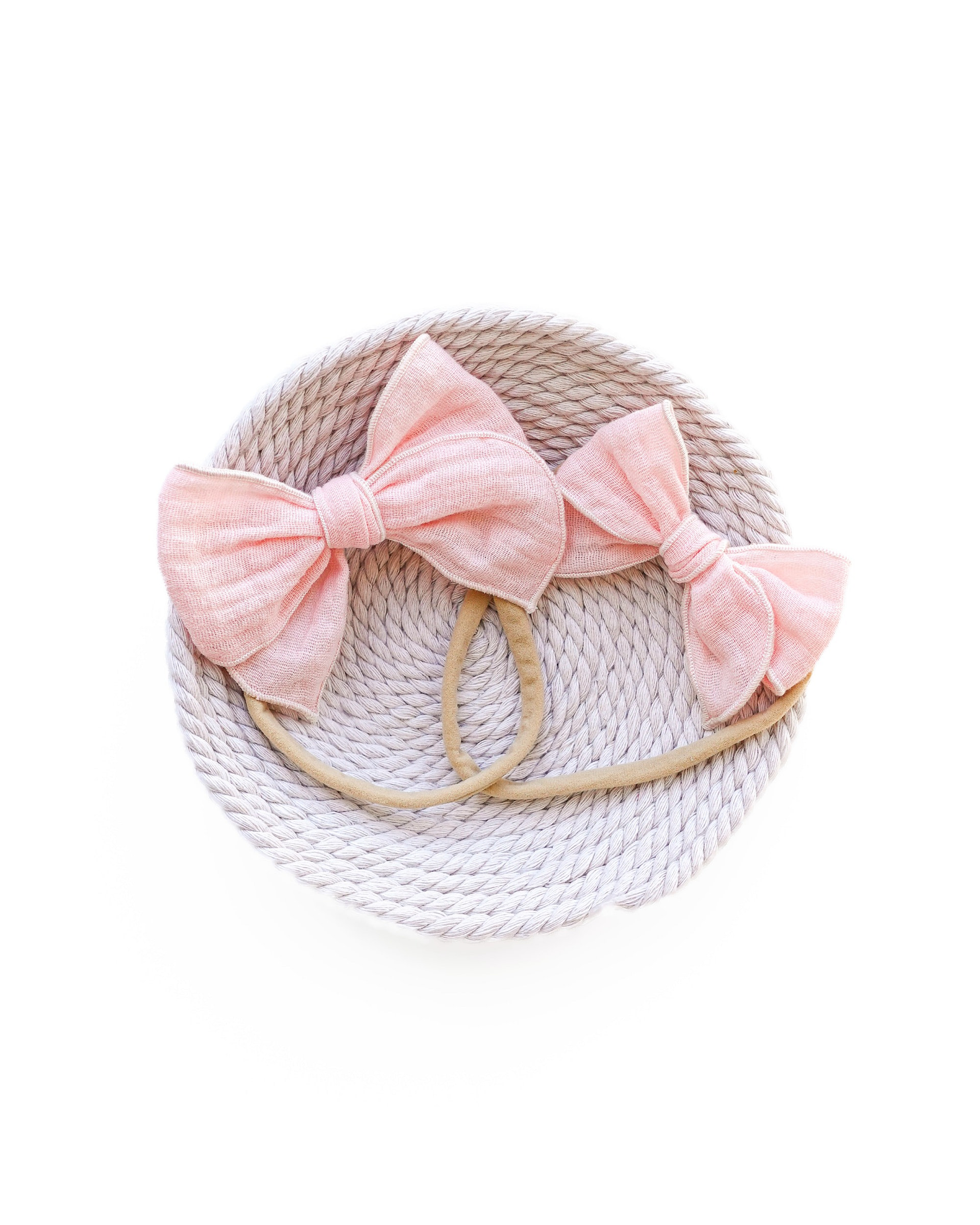 meow bowtique natural pink bows Set of blush pink linen bow headbands for baby girl on soft nylon bands, minimalist style