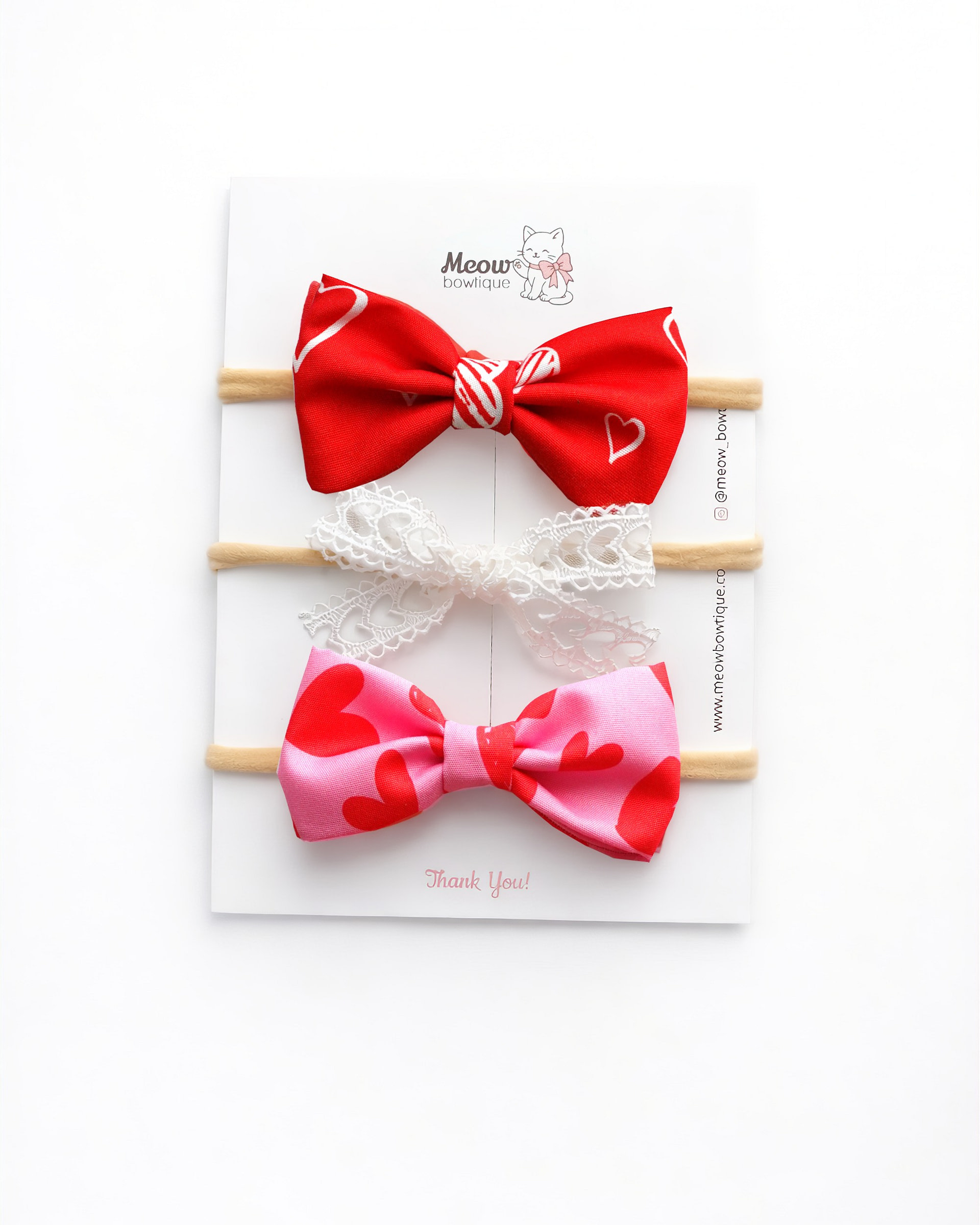 meow bowtique set 3 valentines bows Valentine hair bow set of three in pink, white, and red