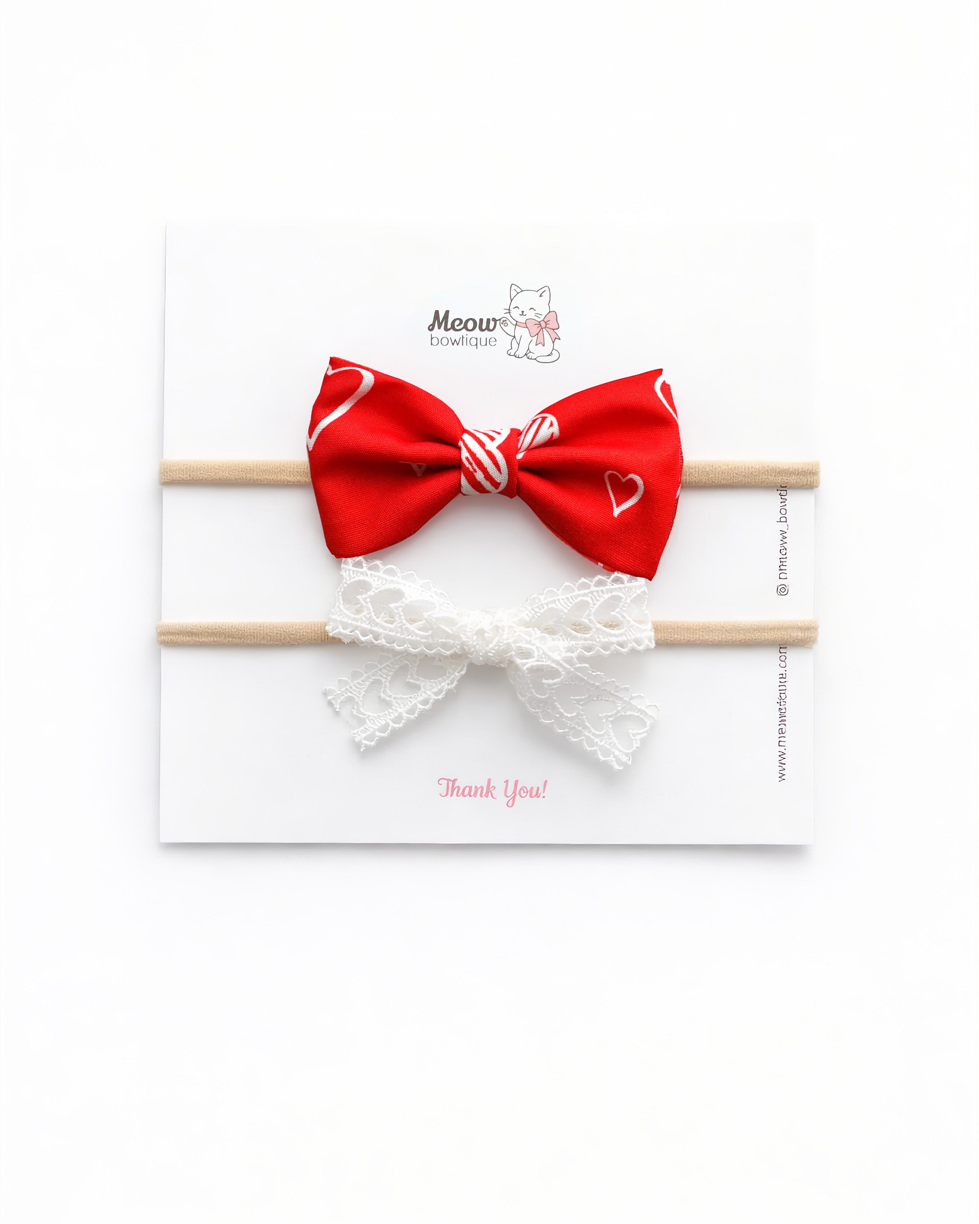 meow bowtique set of bows lace red Red Valentine hair bow on nylon headband with white lace bow