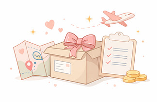 Shipping Policy – Meow Bowtique Illustration of a gift box with a bow, airplane, and delivery checklist representing Meow Bowtique shipping policy